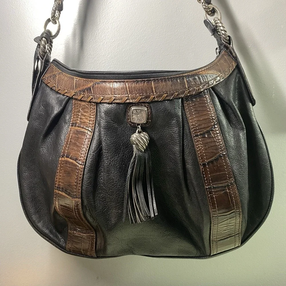 BRIGHTON Leather Women's Croc Purse Black&Brown Bag Tassel Hobo‎  9x13x2.5